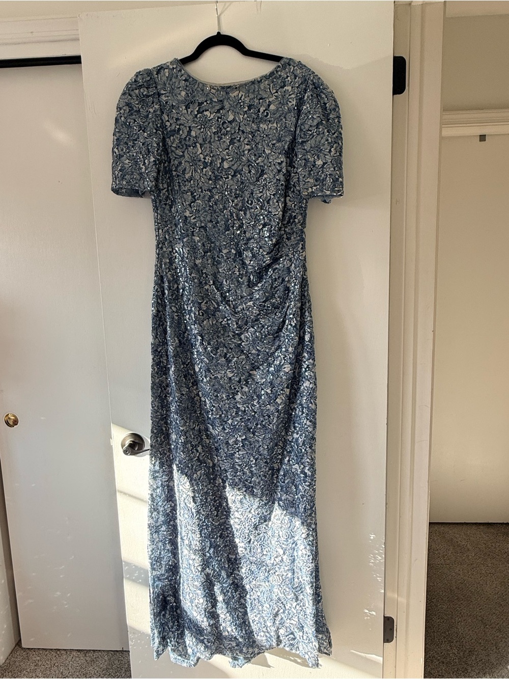 Xscape Blue Floral Short Sleeve Maxi Dress